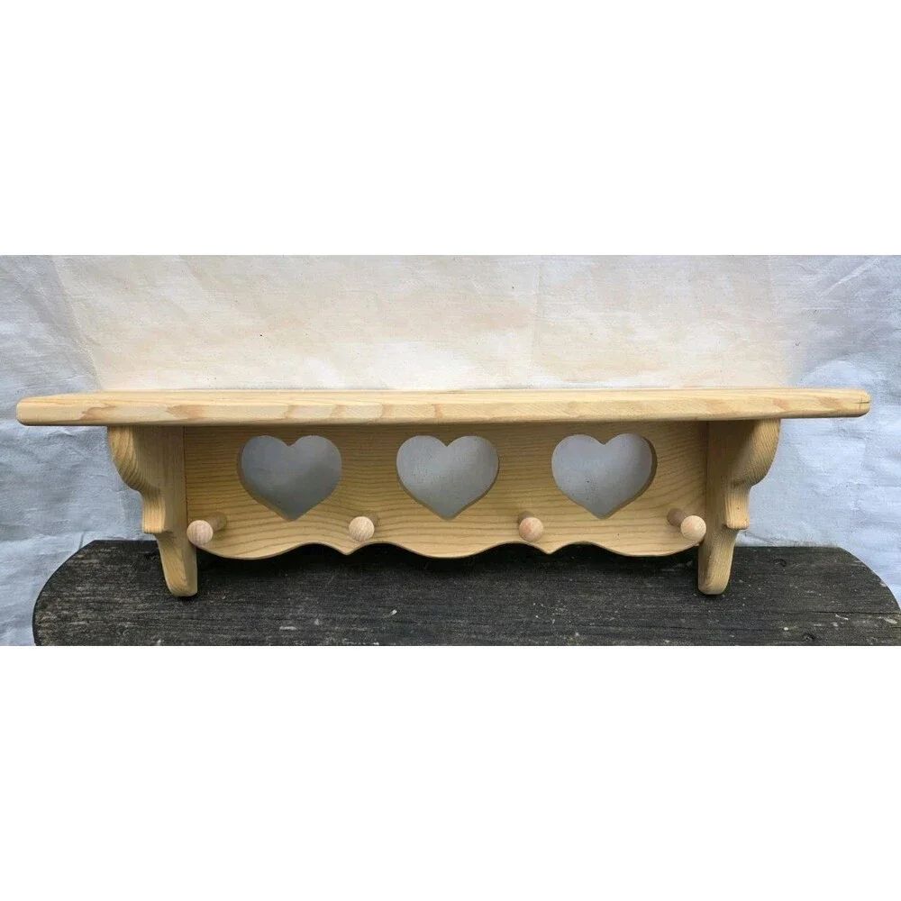 Vtg Unfinished Pine Wall Shelf Cutout Hearts Shaker Peg Rack Country 22